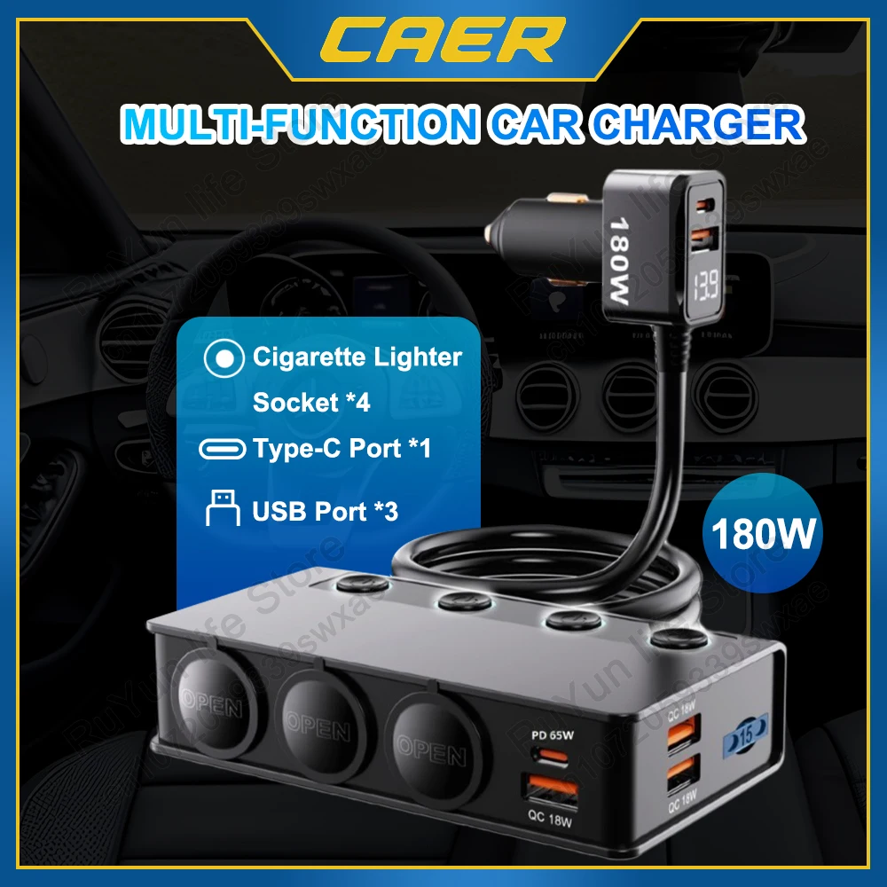 180W Car Charger Adapter Independent Switches 12V 24V 3 Socket Cigarette Lighter Splitter PD36W/65W Fast Charging for Phone DVR