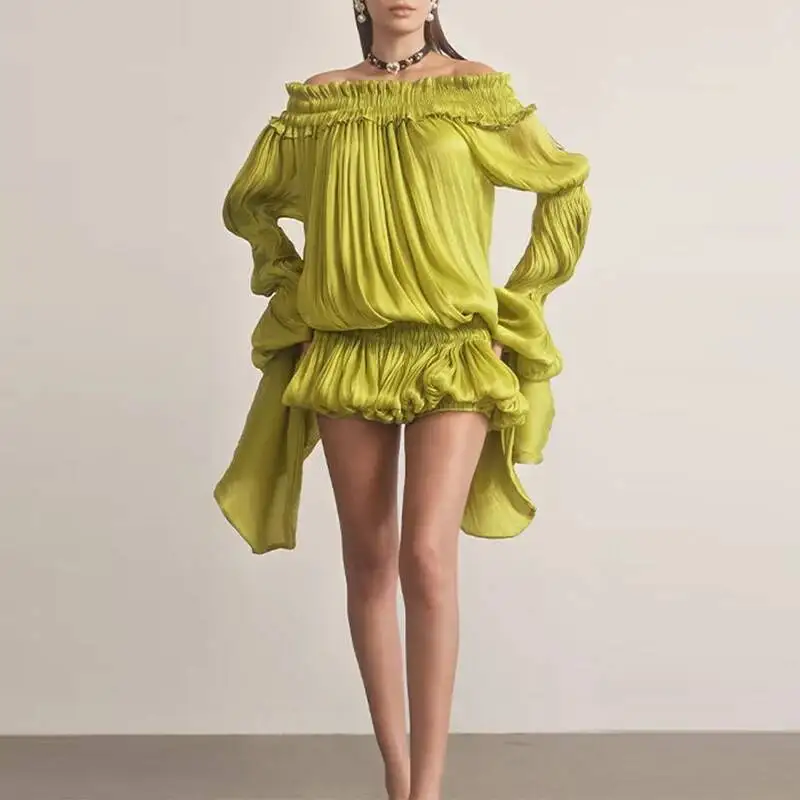 Lime Green Off-shoulder Pleated Short Dress Chic Smocked Waist Bubble Vistidos Women's Tiered Full Sleeve Beach Club Party Gown