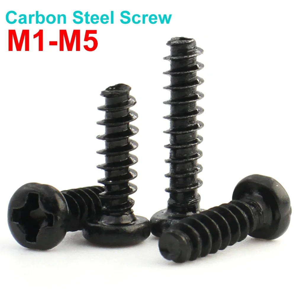 

100pcs M1 M1.2 M1.4 M1.7 M2 M2.3 M2.6 M3 M3.5 M4 M5 Black Carbon Steel Phillips Cross Recessed Pan Head Self-tapping Screw