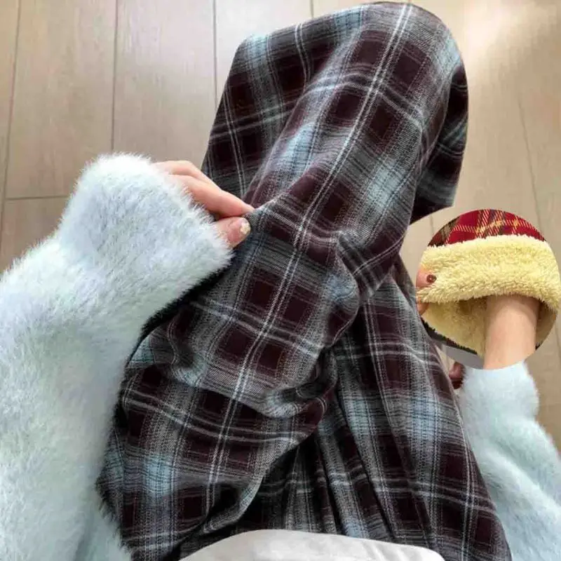 

Удлиненные клетчатые брюки для высоких женщин, зимние пижамные брюки с высокой талией на флисовой подкладке для осени и зимы