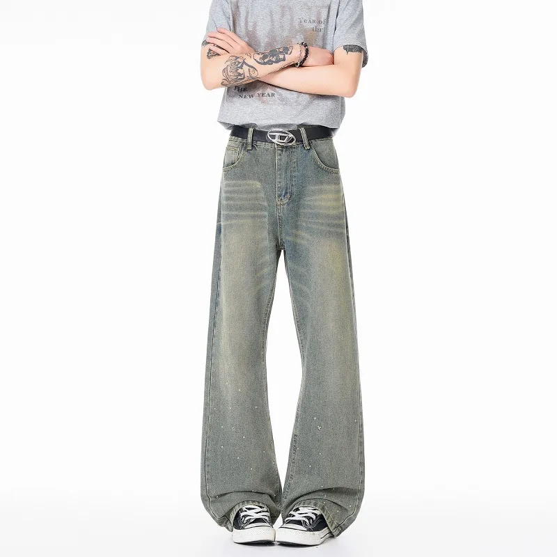 

Men's Rhinestone Flare Jeans 2026 American High Street Style Vintage Washed Loose Baggy Denim Pants
