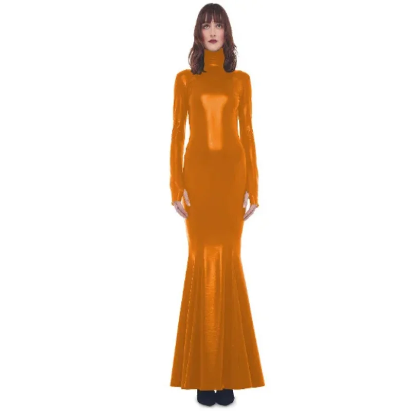 Women high waist slim dress shiny metallic long sleeve ankle length dress sexy turtleneck mermaid tight bodycon maxi dress s-7xl