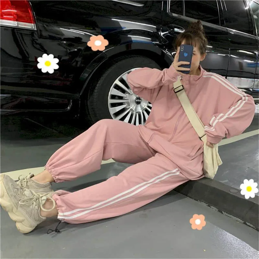 Women Street Set Sportswear Casual Suit Female Pink Korean Trend Loose Simple Student Small Two-Piece Suit Spring Autumn fashion