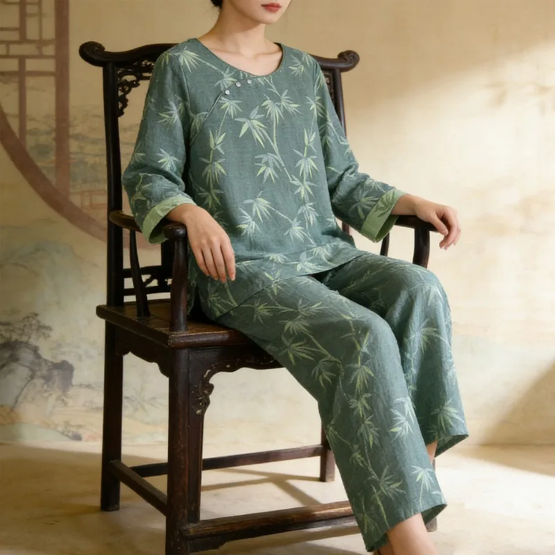 

Women Double Gauze Pajama Set Pure Cotton Soft Breathable All Season Oriental Bamboo Print Sleepwear Chinese Style Loungewear