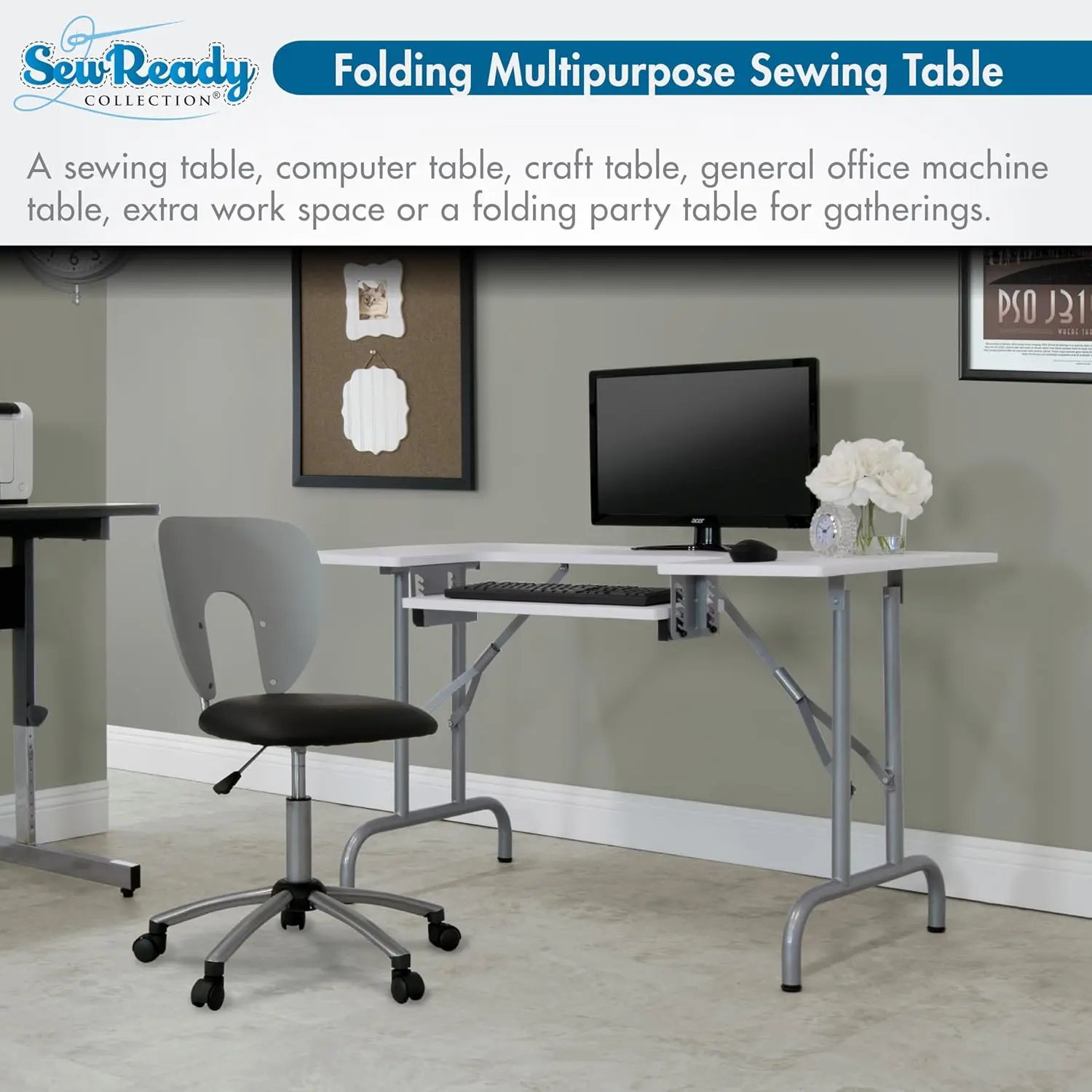 Folding Sewing Table 47.5' W x 28' D White Adjustable Shelf Multi-Use as Computer Desk