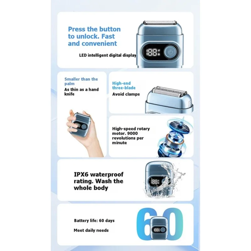 B89B-LED Display, USB Charging Portable For Men Reciprocating Shaver-IPX6 Waterproof