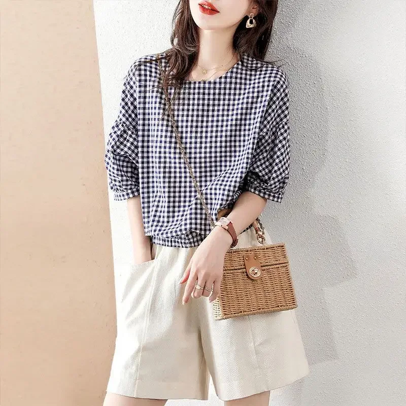 

Fashion T Shirts Women Summer All-match Plaid Five-point Sleeves T-shirt Round Neck Loose Casual Aesthetic Tops Womens Clothing