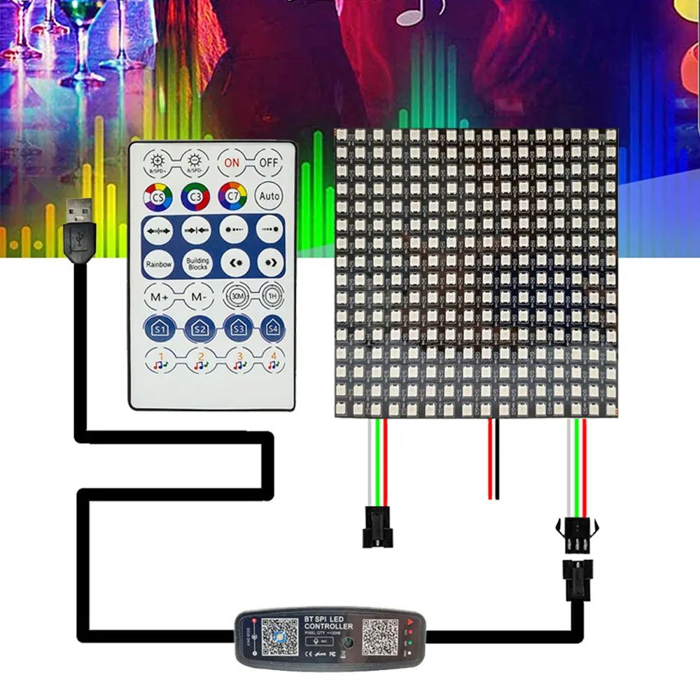 Luz de painel endereçável individualmente, WS2812B, Módulo IC, Matrix Screen com controlador de 28 teclas, Bluetooth Music, 8x8, 16x16, 8x32