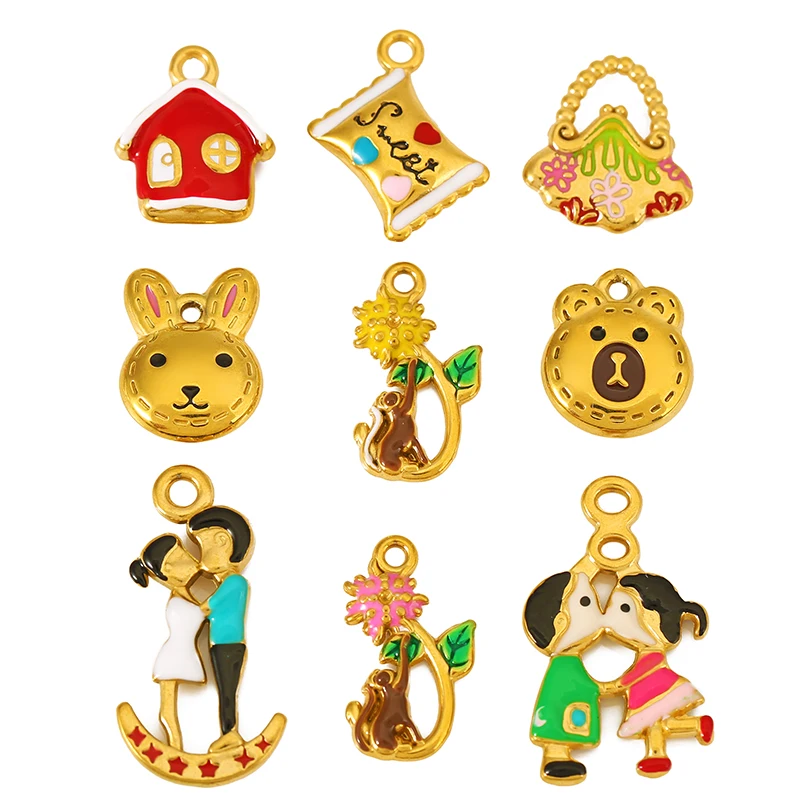 

3pcs/lot Stainless Steel Enamel Bear/Bag/Couple/Flower/Candy Charms for DIY Necklace Bracelet Pendant Jewelry Making Accessories