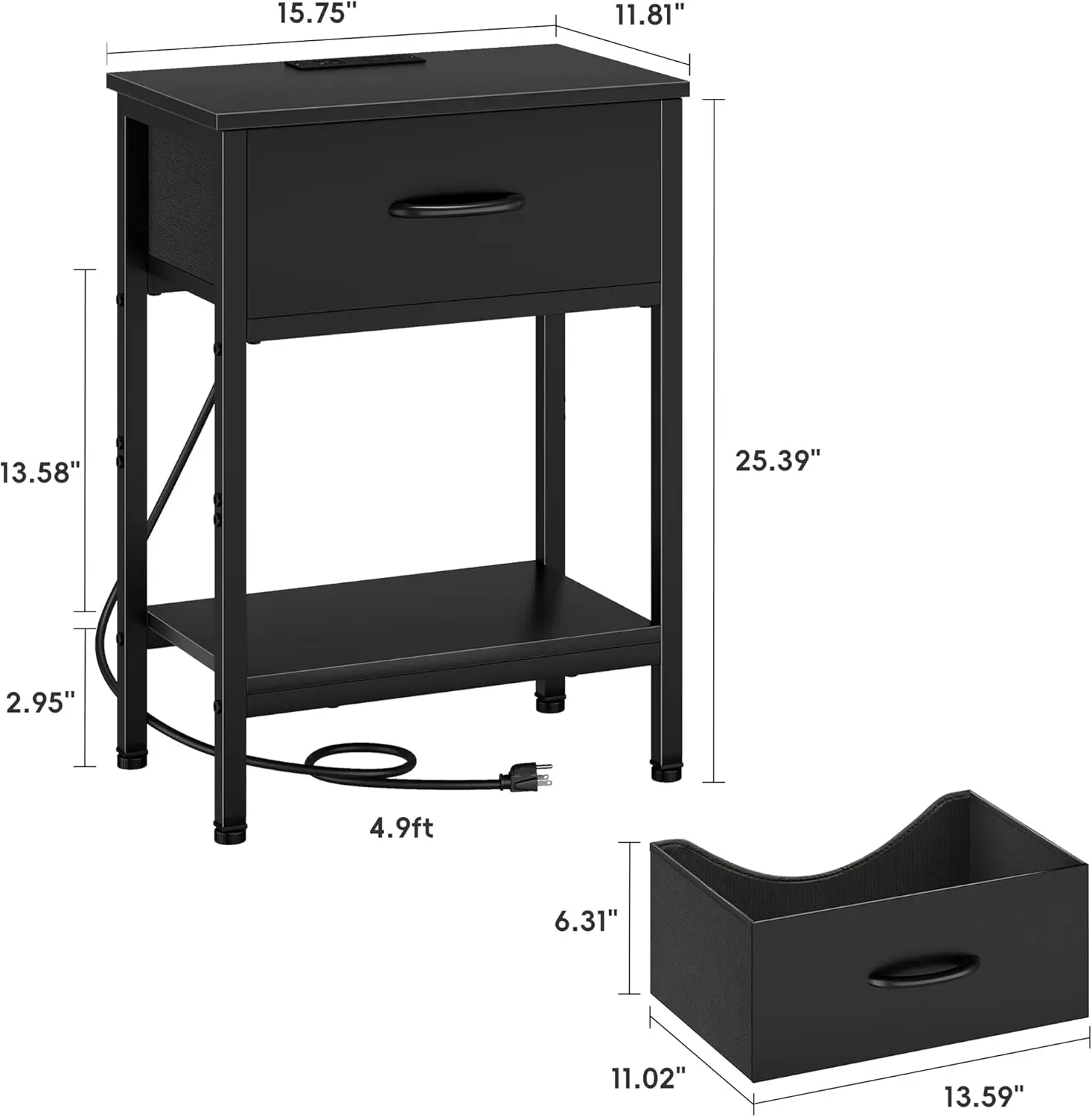Black Nightstand with Charging Station, End Table with Fabric Drawer
