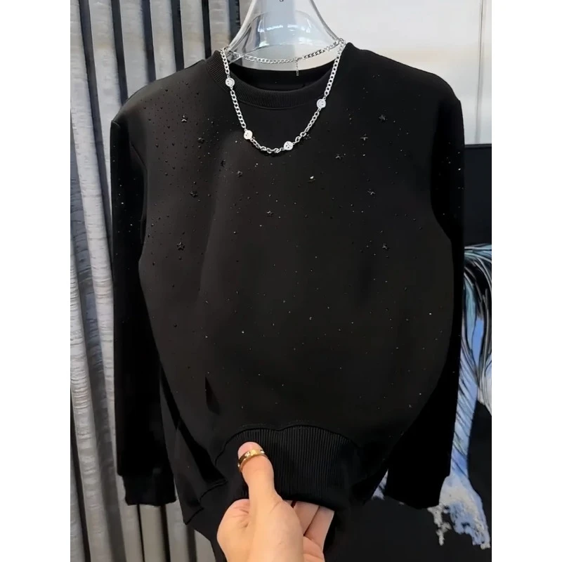 

2024 Spring New Fashion Trend Rhinestone Loose Crew Neck Bottom T-shirt Men Long Sleeve Handsome Men T-shirt Top