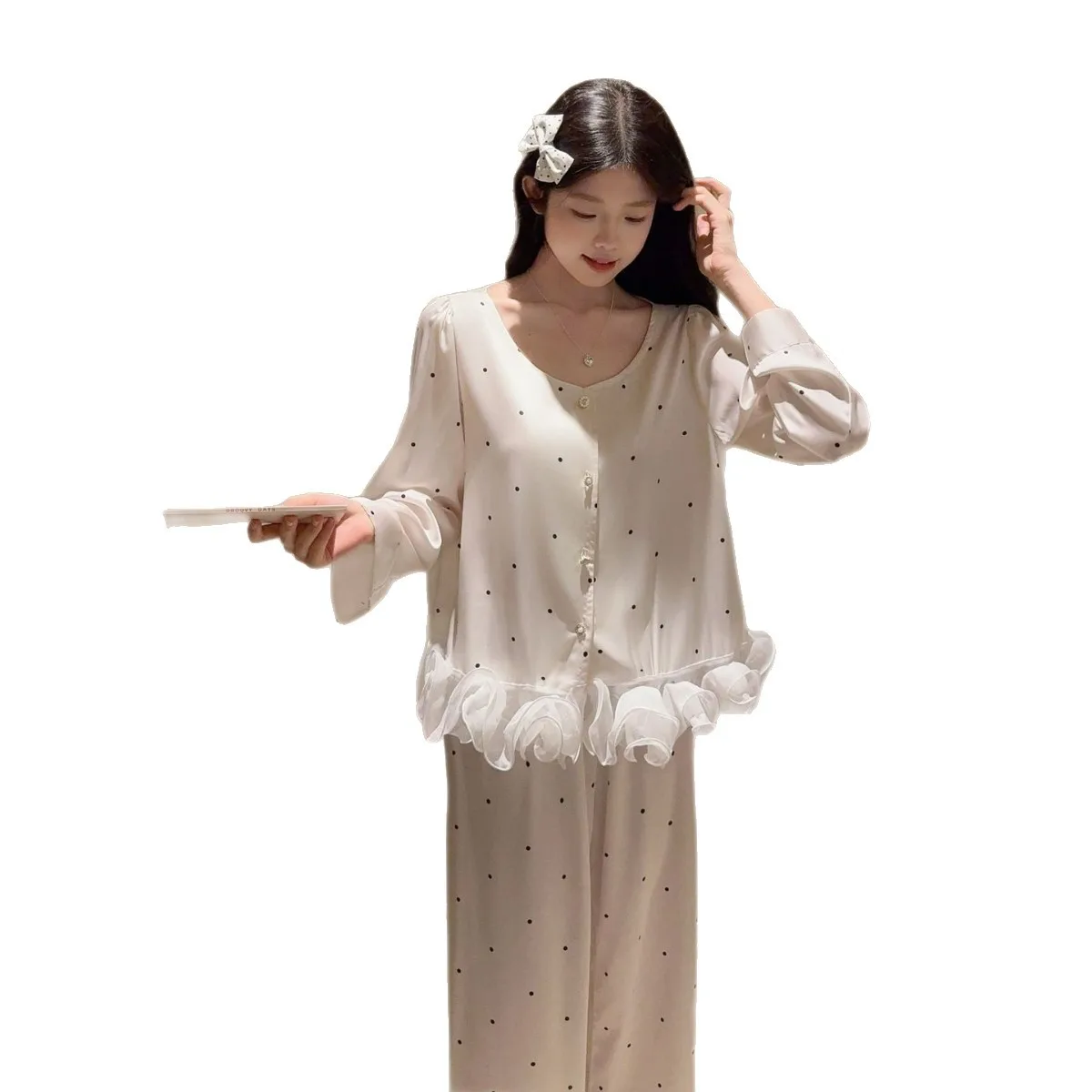 

Elegant Polka Dot Satin 2Pcs Pajamas Set Women's Sleepwear Sexy Ruffles Shirt Pants Pijamas Suit Loungewear Loose Homewear