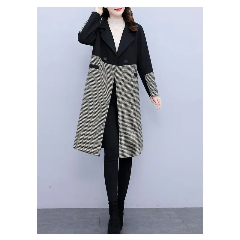 

Женская тонкая шерстяная куртка средней длины, осень-зима 2021, новый сшитый костюм с воротником на пуговицах и длинными рукавами с узором «гусиные лапки»