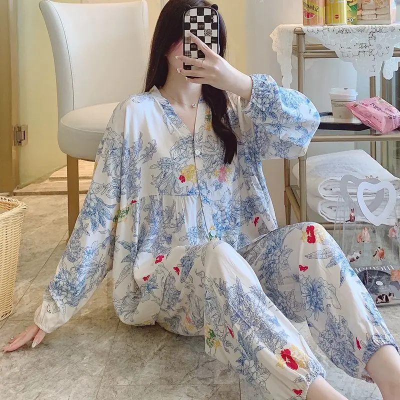 Cotton Silk Pajamas Women Long Sleeve Thin Silk Home Dress Rayon Cotton Spring and Summer Set Large Size Chinese Style Comfort