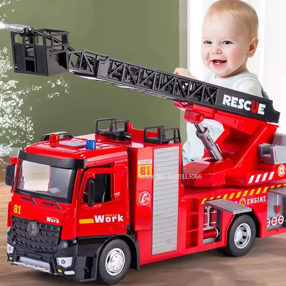 

Пожарная машина из сплава в масштабе 1:18 с подсветкой и музыкальной лестницей, пожарные машины, разбрызгиватель воды для детей, подарок на день рождения