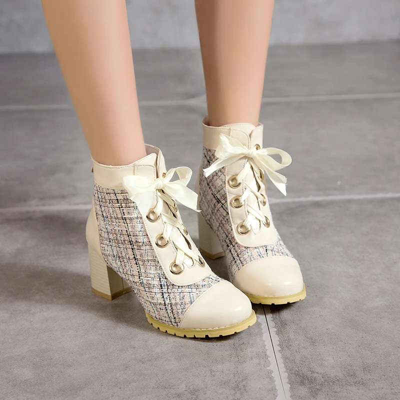 

Женские твидовые Лоскутные короткие ботинки с перекрестной шнуровкой из искусственной кожи в Стиле Лолита с молнией сзади и толстыми каблуками, теплые и студенческие ботинки