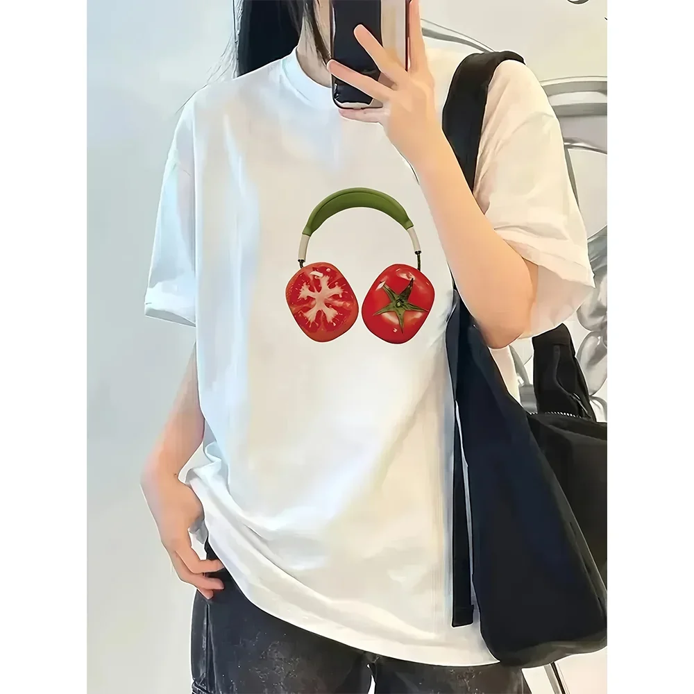 Novedad de verano, camiseta con estampado con dibujo de auriculares de tomate, cuello redondo, manga corta, estilos relajados, Tops cómodos para mujer