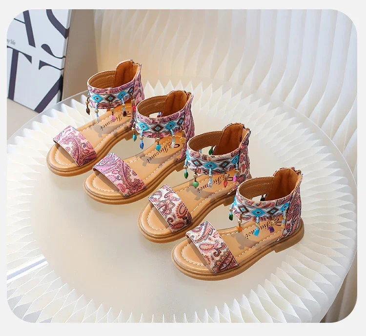 

Children's Summer Sandals Bohemia National Style Girls Princess Roman Sandals Fashion Retro Tassel Kids Causal Flat Sandals Zip