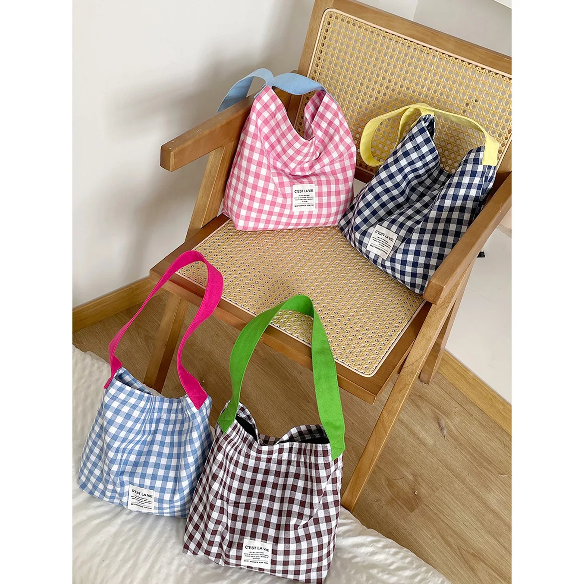 Contrast Color Checked Ladies Shoulder Bag Large Capacity Women\'s Plaid Handbags Canvas Commuter Female Tote Shopping Bags