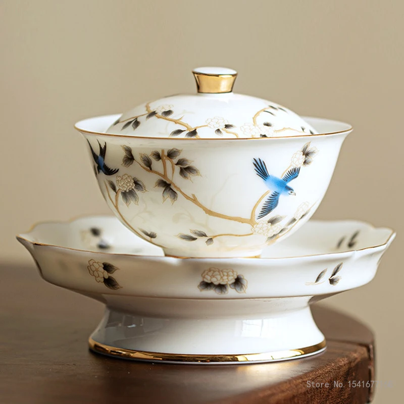 Creative Sheep Fat Jade White Porcelain Kung Fu Tea Set Cover Bowl Set Household Light Luxury High end Tea Making Cup Gaiwan