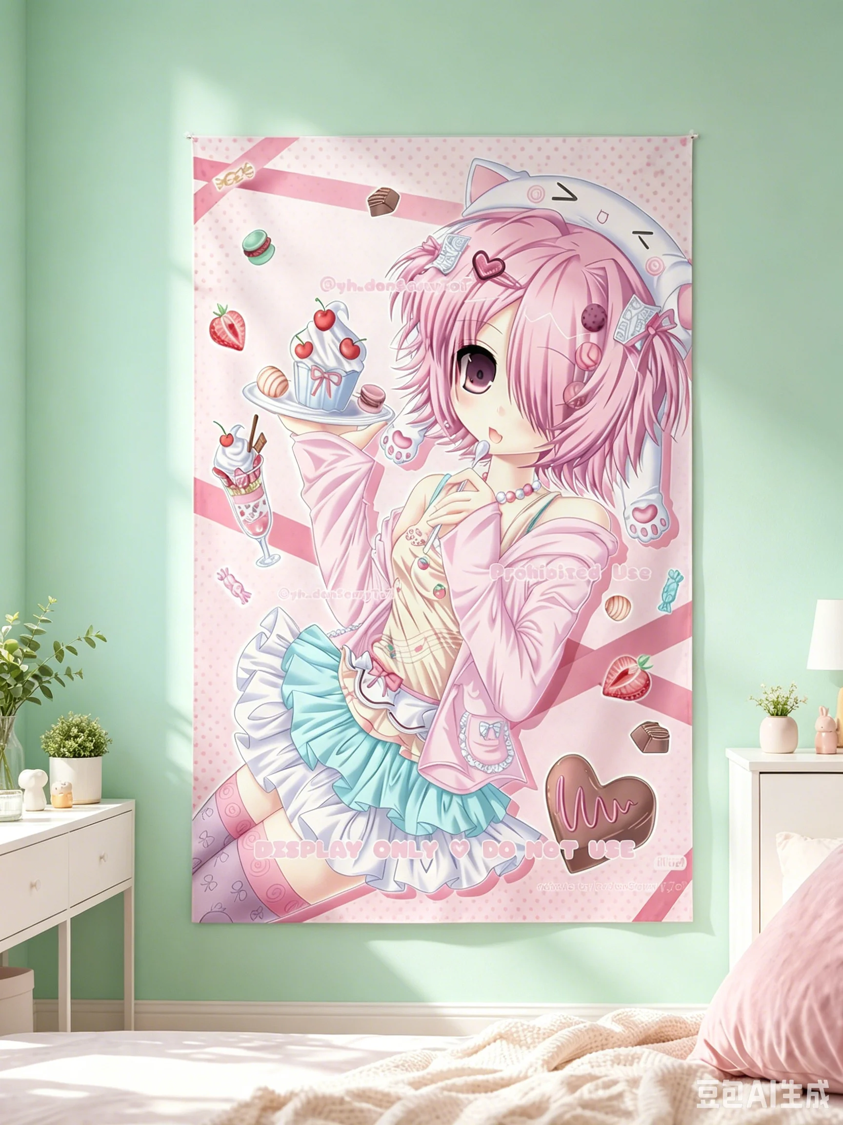 Rosa Haar Katzenohren Süßes Dessert Anime Mädchen Wandteppich Kawaii Pastell Mädchen Schlafzimmer Wandbehang – Detail 3