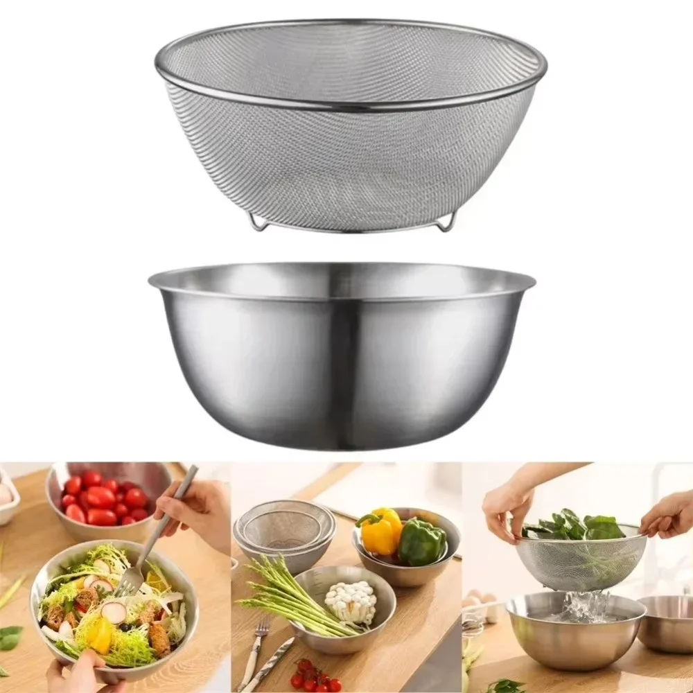 2pcs/Set Stainless Steel Colander Bowl Set with Scale Multifunctional Rice Washing Drain Basket Fruit Vegetable Basin