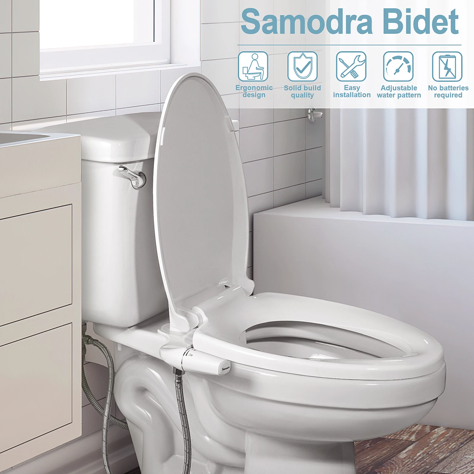 Bidet SAMODRA Ultra-Mince, Bidet Minimaliste pour Toilette Sans Electricité (Lavage Avant et Arrière), Pression d'Eau Réglable, Attache de Siège de Toilette à Eau Fraîche, Facile à Installer.