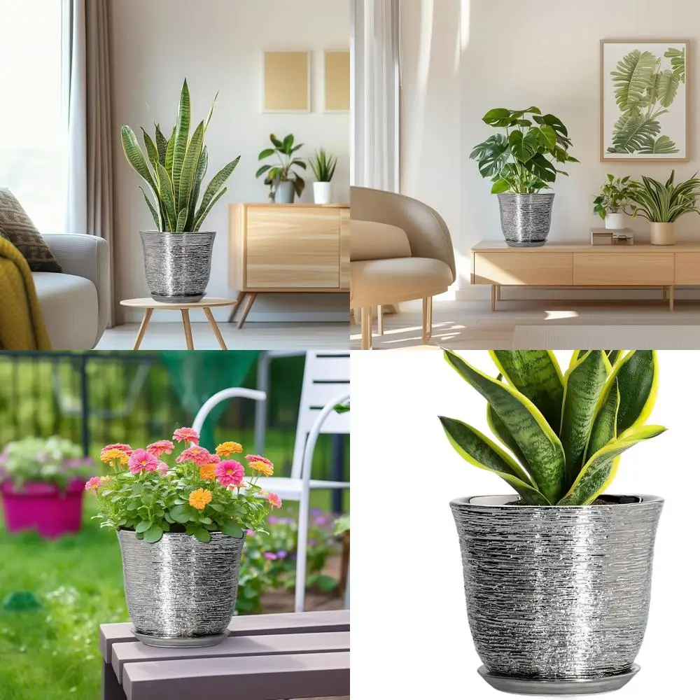 

8-дюймовый круглый цветочный горшок с дренажем и поддоном, подходит для использования в помещении и на улице, серебристые декоративные кашпо, идеально подходят для дома.