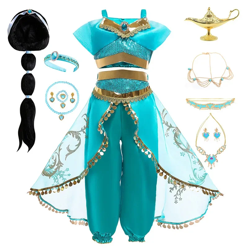 Jasmine Costume Girls Dress Aladdin The Magic Lamp Princess Birthday Party Halloween Cosplay Kids Clothing Wig Crown Set