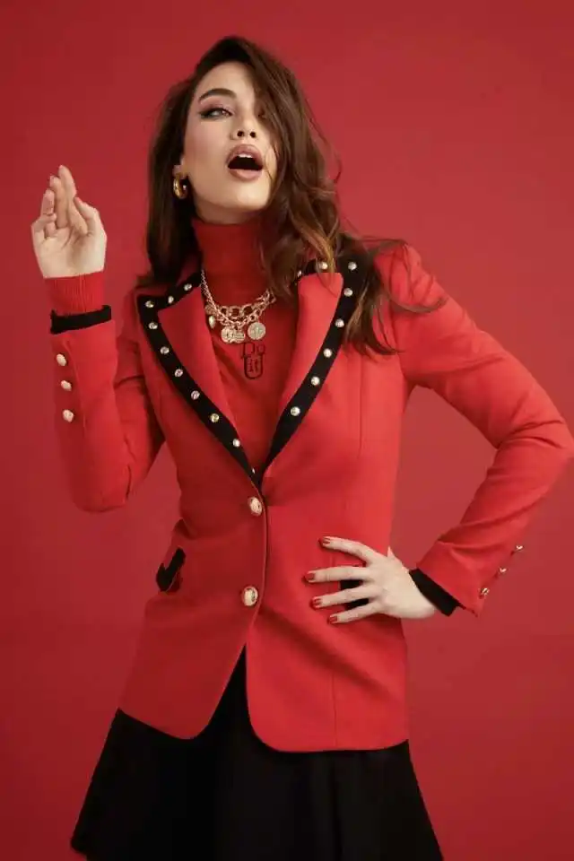 Fashion Ladies Blazer Notched Lapel Black Rivet Edge Single Breasted Long Sleeve Cocktail Street Party Jacket Customized
