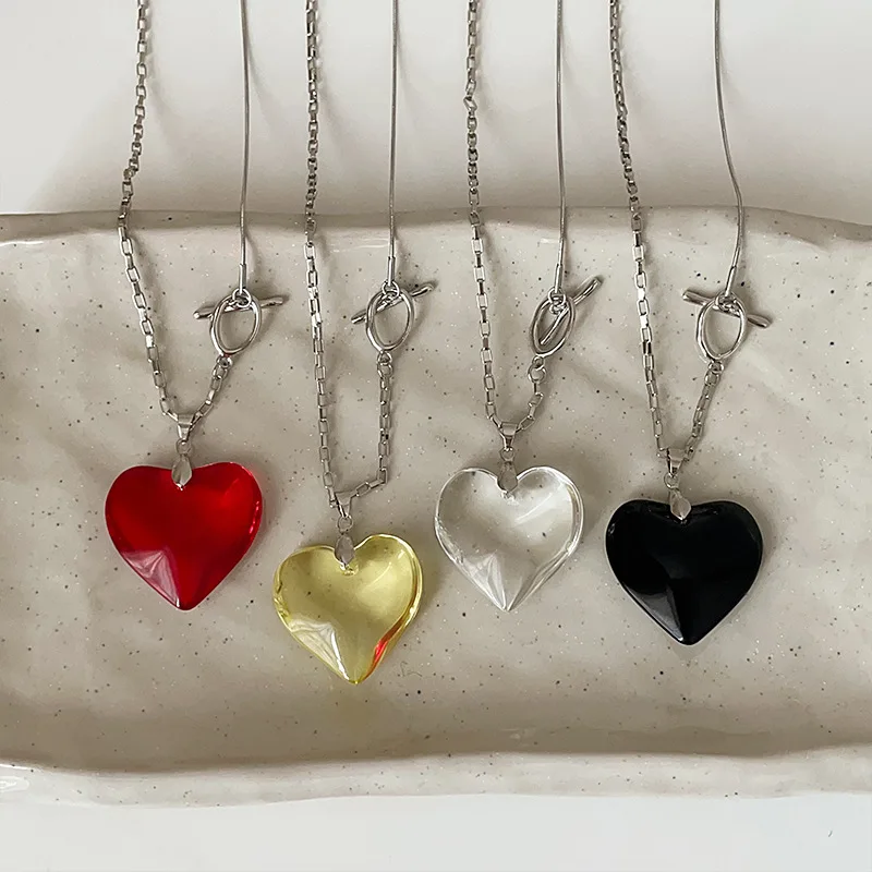 

Minar Trendy Transparent Red Black Yellow Glass Heart Pendant Necklaces for Women Silver Hollow Link Chain Toggle Clasp Chokers