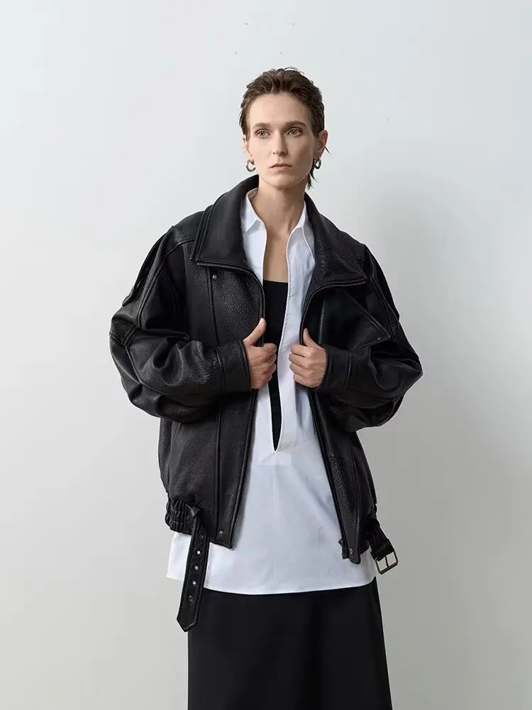 Faux Pu Leather Coats Women Solid Jackets Belt Zipper Turn Down Collar Long Sleeves Loose Casual Streetwear 2025 Spring Autumn