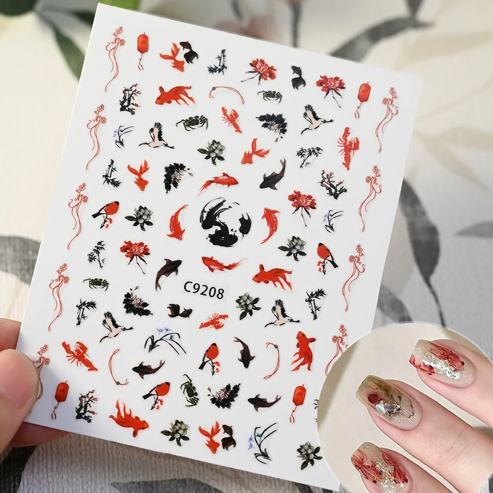 1pcs Chinese Ancient Style Nail Art Sticker Bamboo Bird Koi Self Adhesive Slider Lucky Goldfish Ancient Poetry Manicure Decal