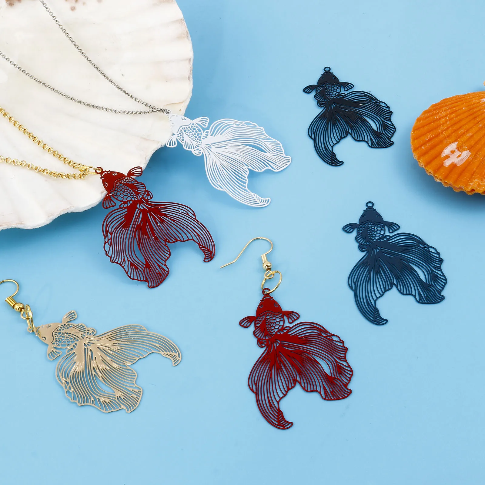Iron Alloy Filigree Stamping Pendants Multicolor Goldfish Filigree Painted Metal  Charms DIY Earrings Jewelry 4.8cmx3.1cm,10PCs