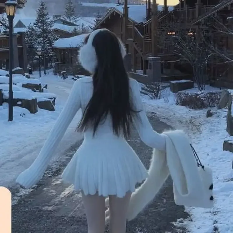 Otoño estilo coreano Sexy tejido nuevo vestido de una pieza mujeres cuello en V Vintage elegante Mini vestido femenino vestido de baile ropa de diseñador 2024