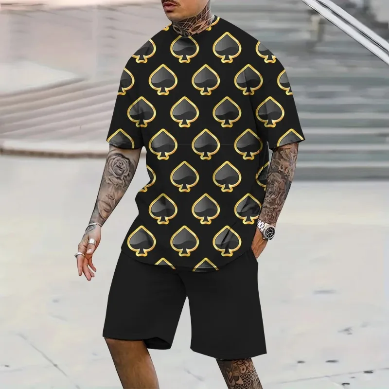 2025 3D Poker Print Summer Casual Breathable Short Sleeved Shorts Style Oversized Polyester Fiber Fashionable Men's Style