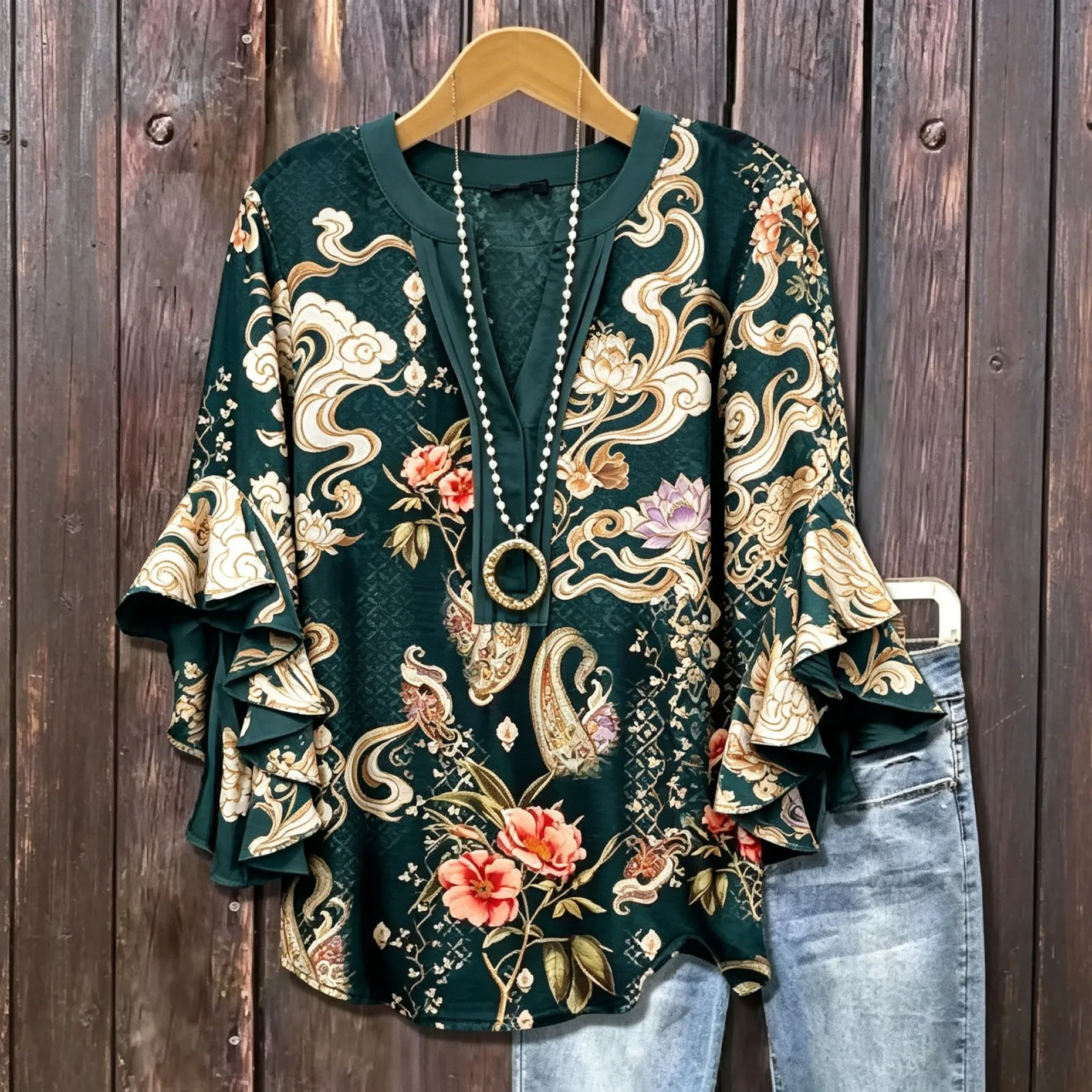 Women's Spring Summer Dark Green Floral Paisley Print V Neck Blouse, Casual Flounce Ruffle Top