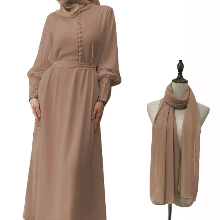 Women's Fashion Elegant Front Buttons Abaya Dress+ Scarf Suit  High Waist 2 Pcs Muslim Sets Chiffon Abaya Arab Kaftan Robes Set