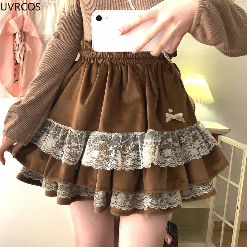 Imagem -04 - Saia Lolita de Veludo Feminina Saias de Cintura Alta Renda Laço de Coelho Estilo Feminino Preppy Elegante Linha a Japonesa Kawaii Doce Festa