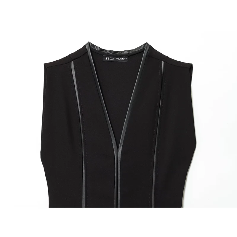 Vestido empalmado de cuero de moda, vestidos largos ajustados para mujer, vestido Midi con cuello de pico 2025, vestidos informales sin mangas para mujer