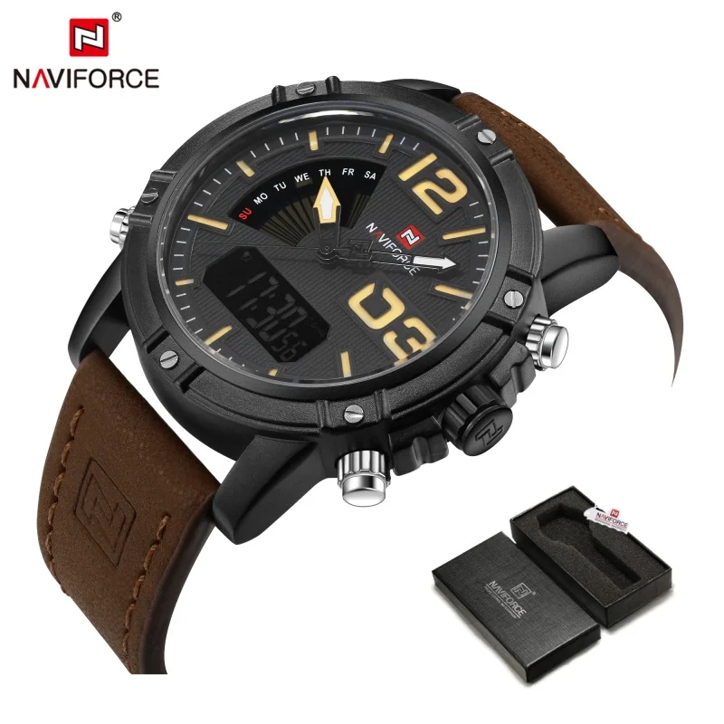 NAVIFORCE Luxus Marke männer Sport Uhren Männer Dual Display LED Digital Wasserdichte Lederband Quarz Militär Uhr Mann Uhr