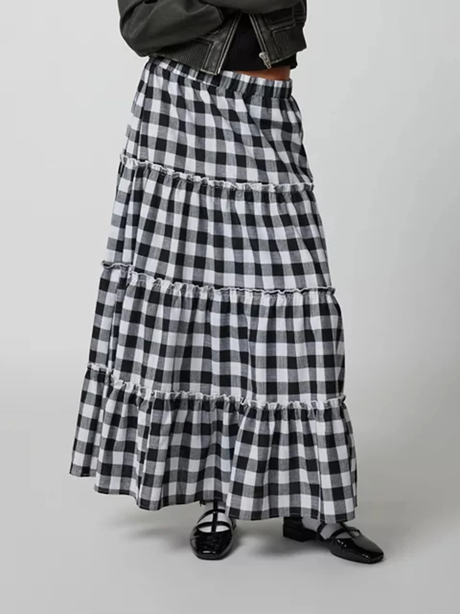 Kobiety w kratę z długa spódnica warstwową z niską talią w kratkę w kratkę i linię długa spódnica z falbanami luźna huśtawka w stylu Vintage