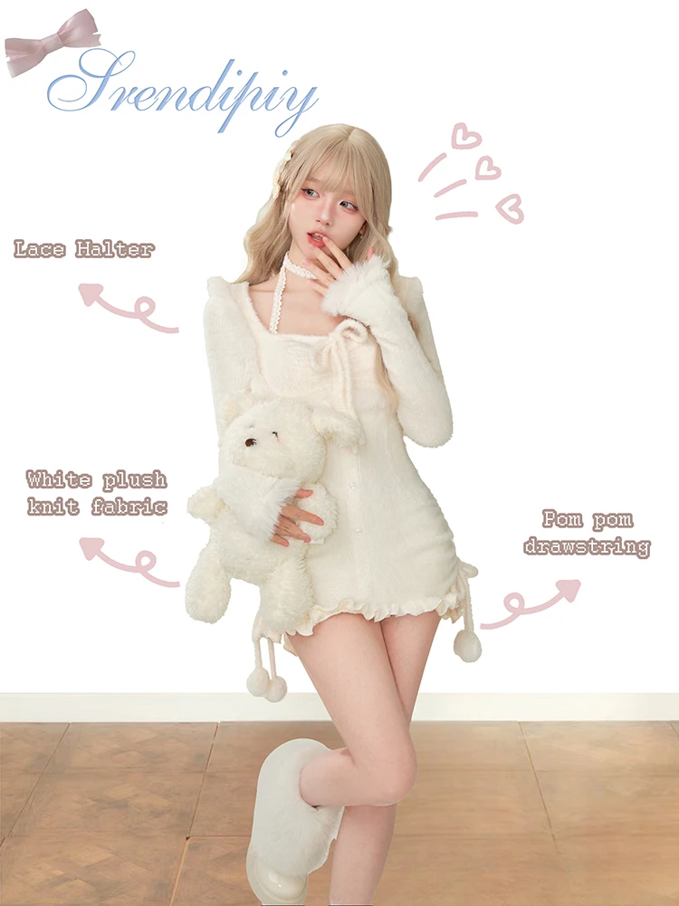 RORORIRI Lolita White Plush Knit Mini Dress Women Winter Pom Pom Drawstring Bowknot Backless Bodycon Frill Trim Desire One-piece