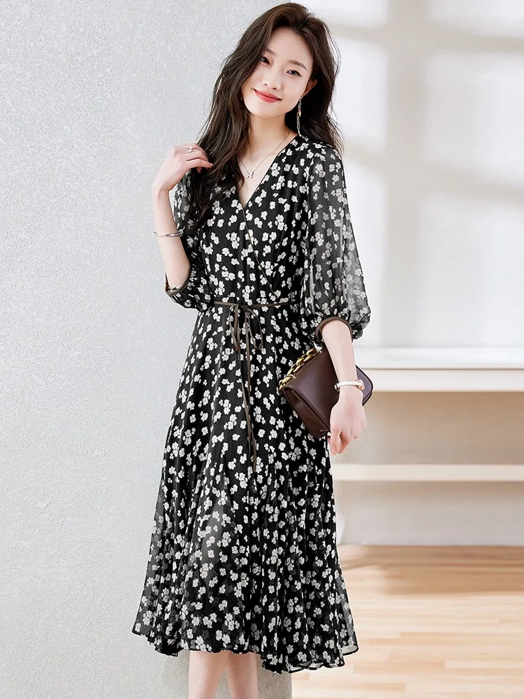 EVNISI Women Chic Printing Chiffon Dress Lace Up Summer Folds a-line abiti da ufficio eleganti per le donne Big Swing Vestido