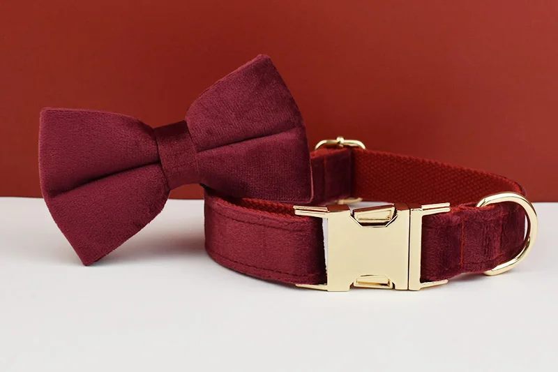 Rotes Weinrot-Samt-Hundehalsband und Leinen-Set für große Hunde, individuell graviertes Namensschild, Haustierzubehör, Hundeleine, Velvet07 – Detail 5