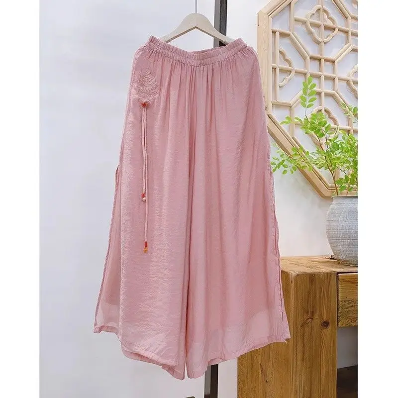 

Chinese Style Embroidered Cotton and Linen Wide-leg Pants for Women's Summer New Layered Elastic Waist Slit Cropped Pants Slacks