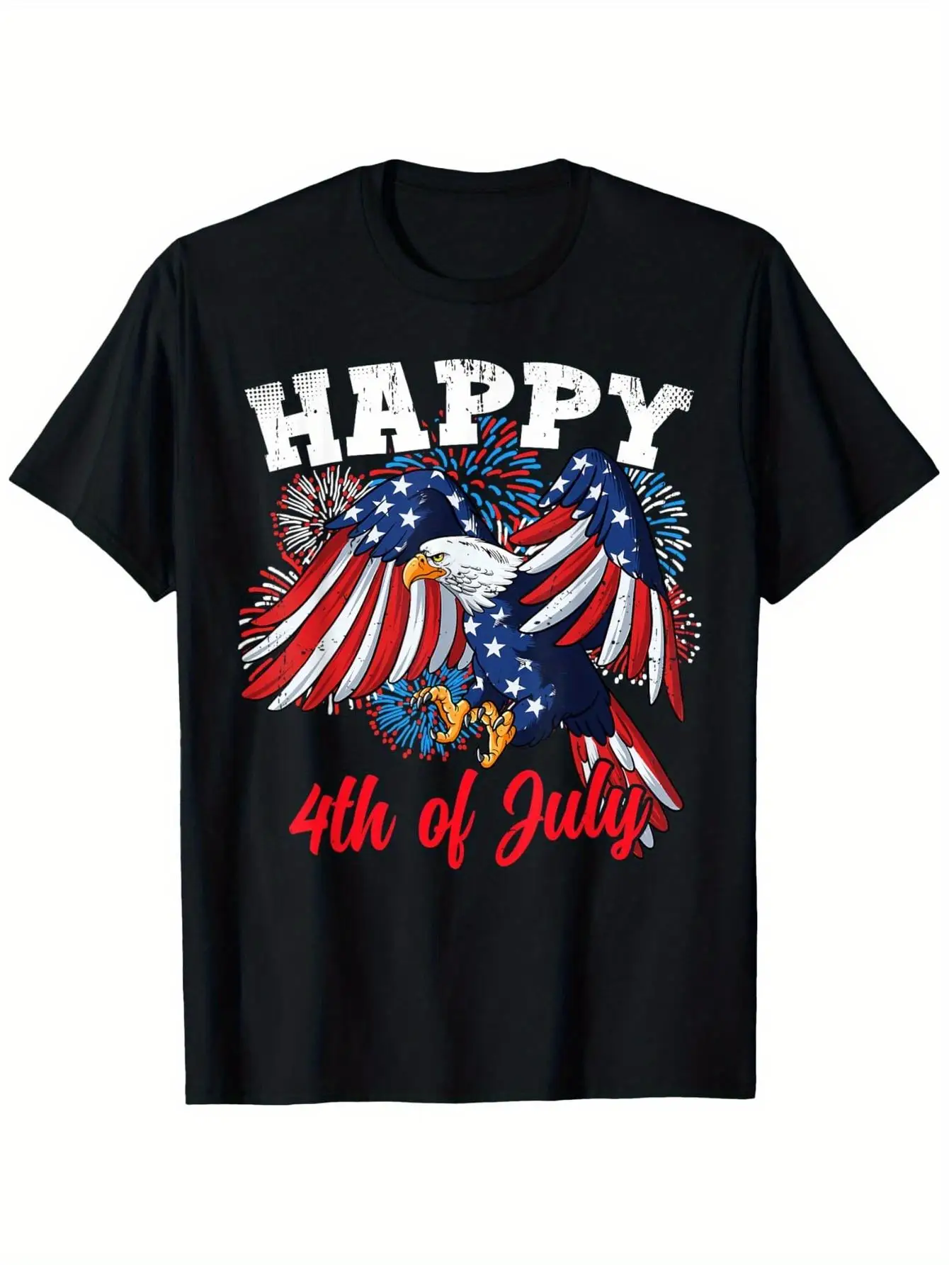 Fourth of July Happy Independence Day T-Shirt - 180 Comfort Fit Short Sleeve, Eye-catching Eagle and Fireworks Print Casual Shirt, Perfect for Independence Day Parades, BBQs, Picnics - Unisex T-Shirt (Suitable for Daily Wear and Holidays)