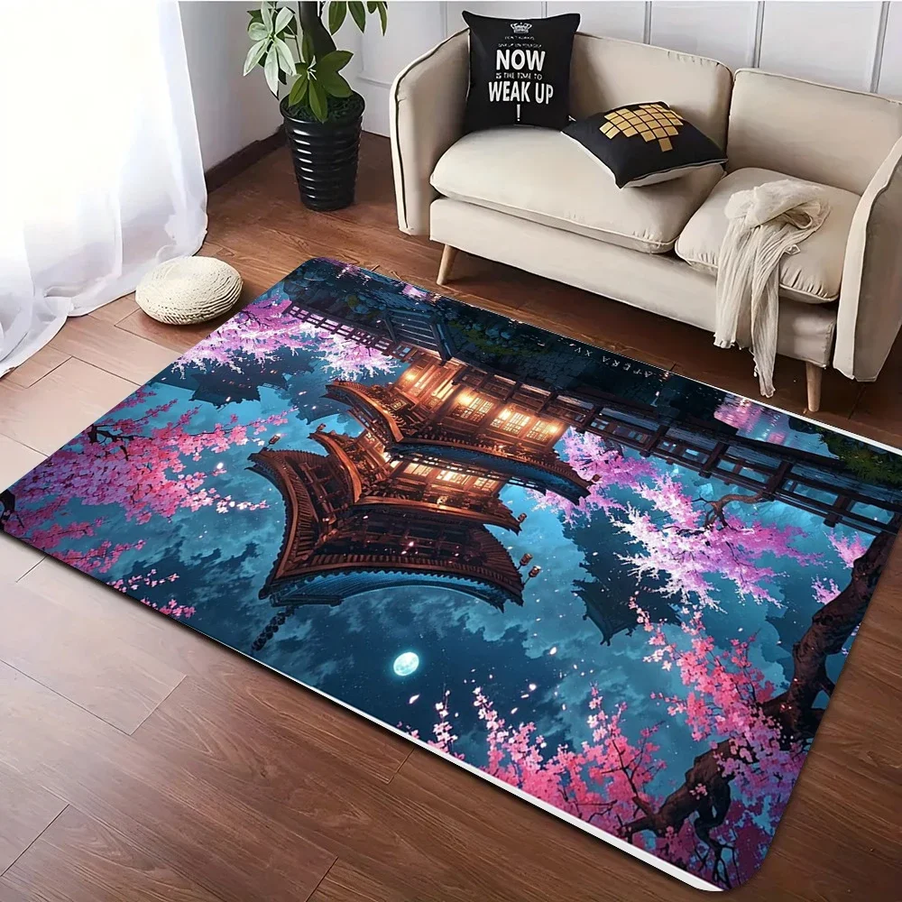 Japanese Style Sakura Pagoda Carpet For Living Room Bedroom Decor Area Rug Floor Mat Office Garden, Patio, Balcony