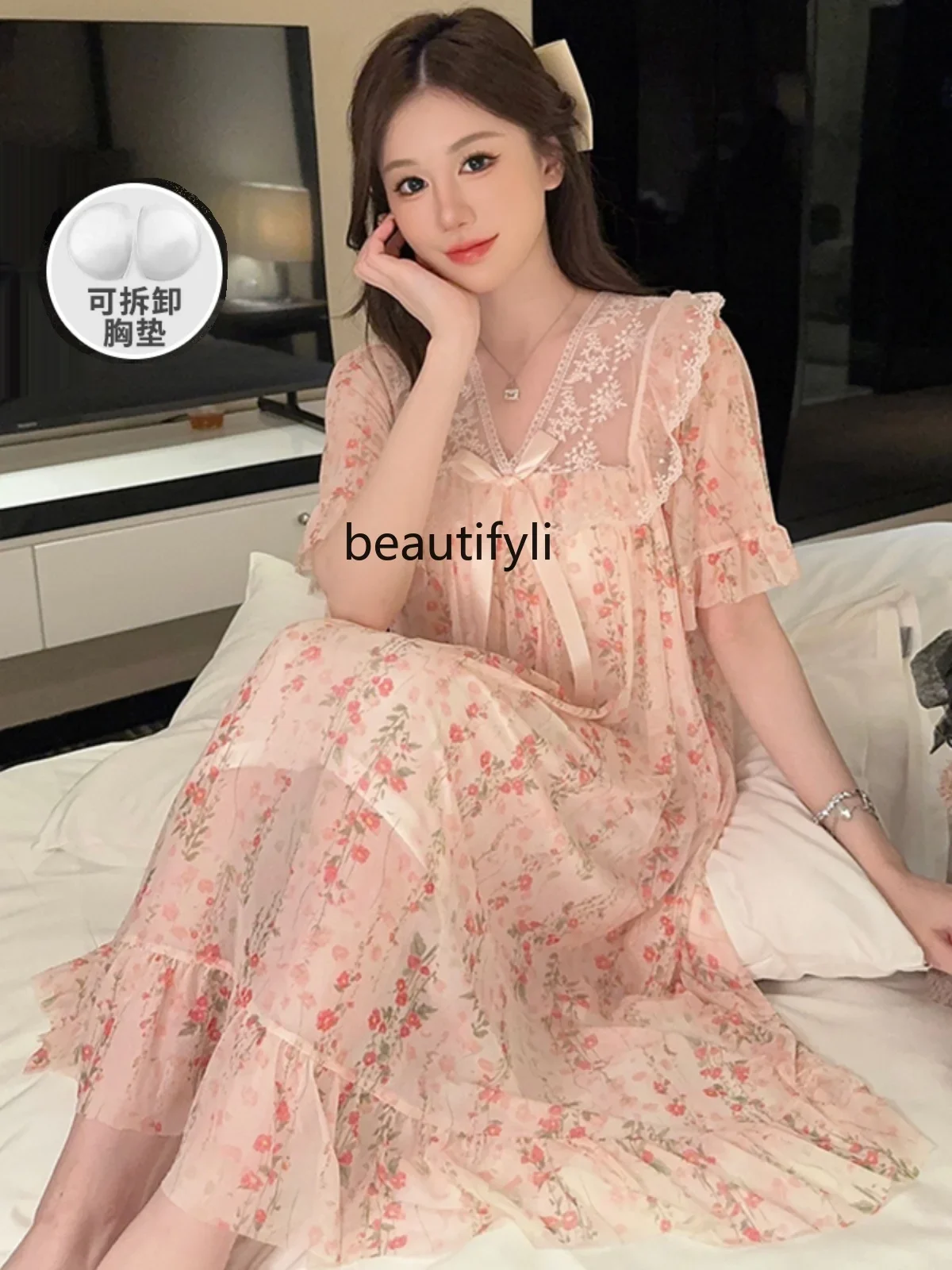 

Padded Nightdress Women's Summer Short-Sleeved New Lace Floral Border Mesh High-Grade Floral Home Wear