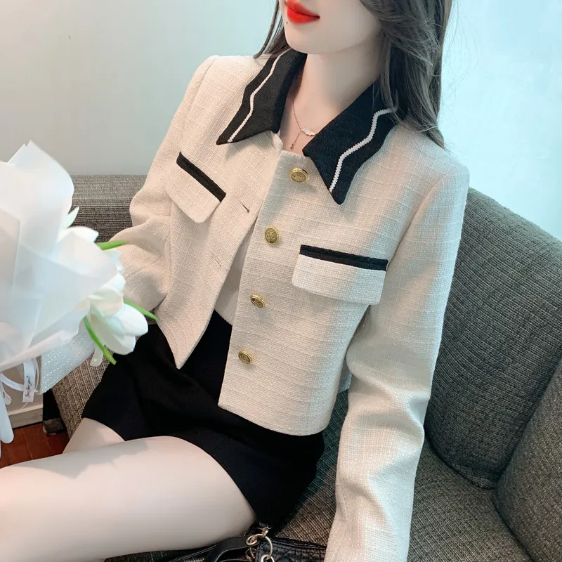 

Women White Spring Autumn New College Wind Flower Collar Versatile Coat High Quality Jackets